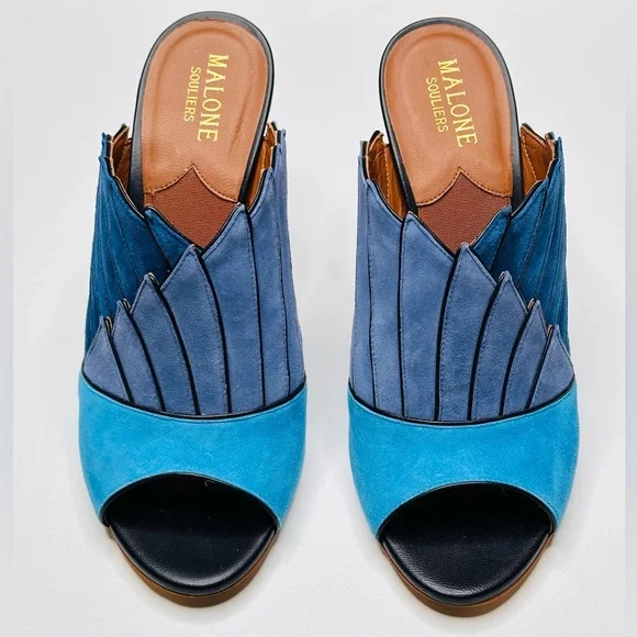 Malone Souliers Donna Fanned Blue Suede Colorblock Mules Heels Shoes Sandals - Picture 2 of 15